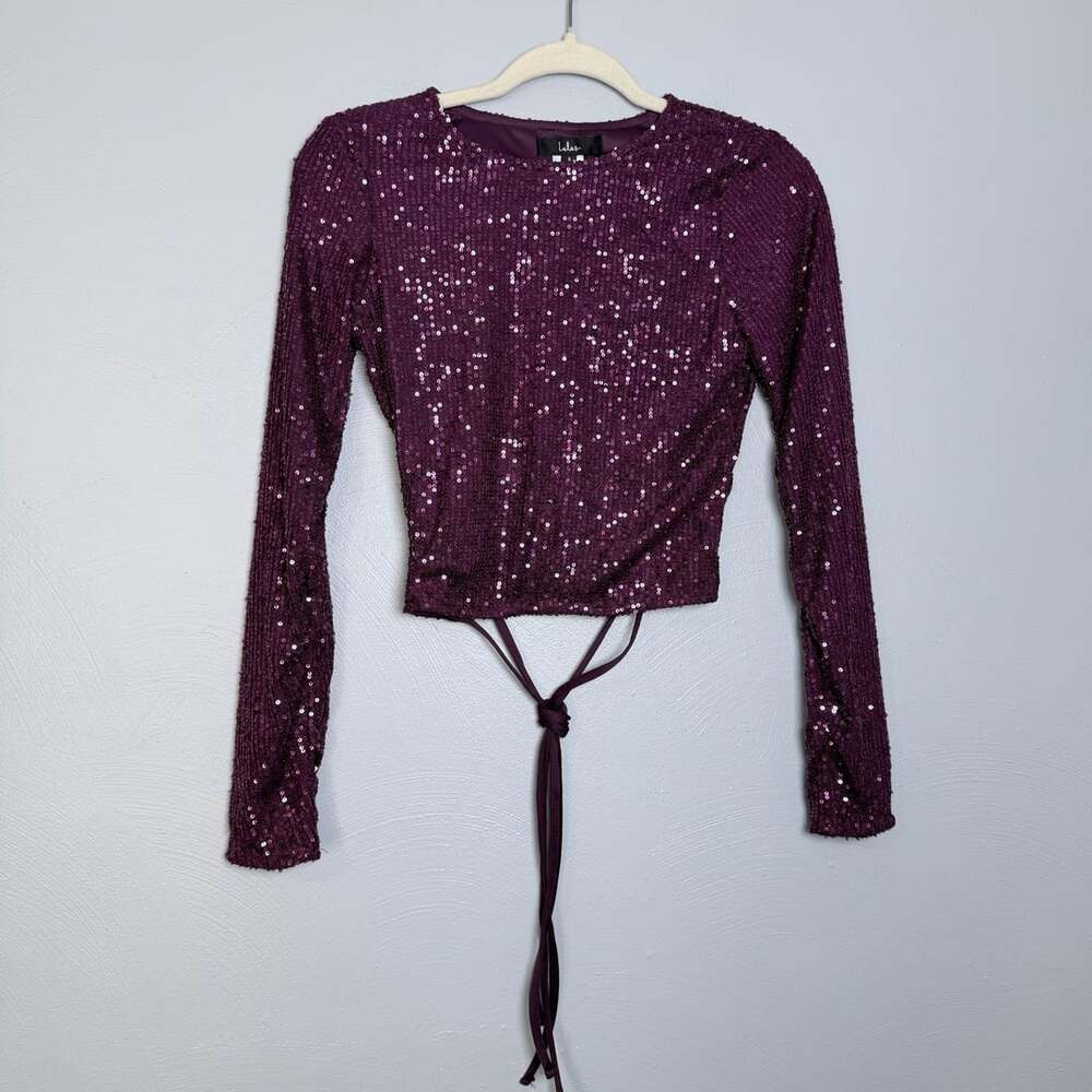 Lulus Sequin Long Sleeve Crop Top Size S Purple Backless